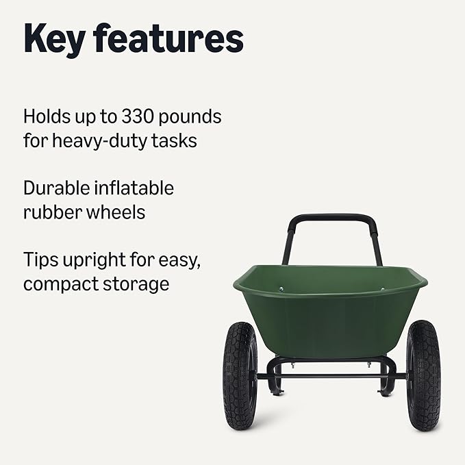 Amazon Basics Garden Wheelbarrow, Heavy Duty, 330 Pounds Capacity, 3.7 Cubic Feet, 26.8W x 53.9D x 27.2H inches, Green, 1-Pack