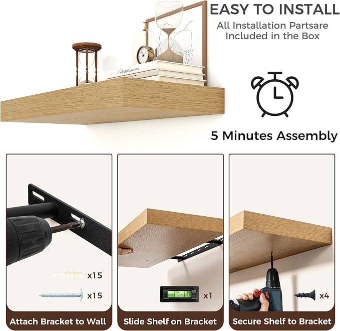 72 Inch Floating Shelves for Wall, 12"D Wood Storage Shelves, Oak Finish