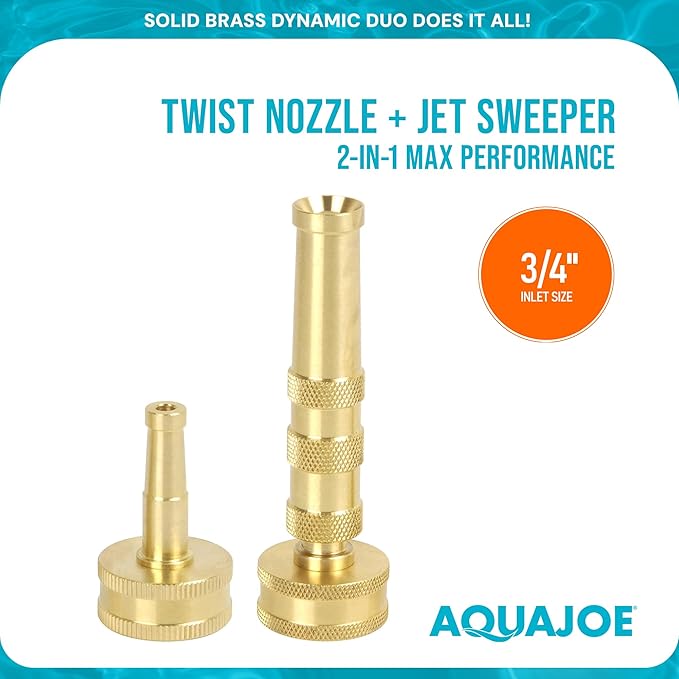 Aqua Joe Solid Brass Hose Nozzle Set - High Pressure Jet Sweeper + Twist Spray Nozzle, 2-in-1 Garden Hose Attachments, Compatible with Standard 3/4 in Hoses