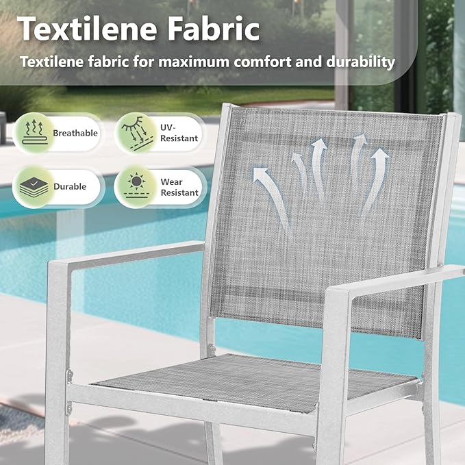 Patio Dining Chairs, All-Weather Textilene Outdoor Dining Chair Set of 4, Heavy-Duty Stackable Minimalist Outdoor Chairs with Armrest, Patio Chairs for Lawn Deck Pool, Grey and White