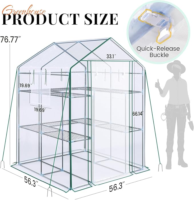 KING BIRD Premium Greenhouse for Outdoors, 56x56x77 Upgraded PVC Cover & Heavy Duty Steel Frame Walk-in Portable Green House for Outside Garden, Screen Windows & Mesh Door, 3 Tiers 10 Shelves, Clear