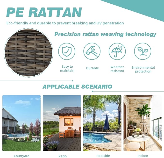 MELLCOM 5 Pieces Patio Furniture Set, Outdoor Swivel Rocker Patio Chairs with Ottomans, Wicker Conversation Set with Rocking Chairs, Glass Coffee Table for Backyard, Peacock Blue