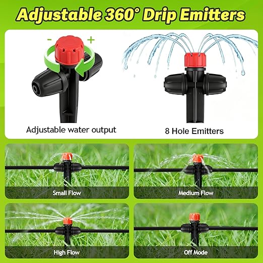 26pcs Two-Way Drip Emitters for 1/4" Irrigation Tubing, Easy Connect Adjustable 360 Degree Water Flow Drip Sprayer On 5" Stake for 4/7mm Tube Locked Irrigation Drippers for Garden Flower
