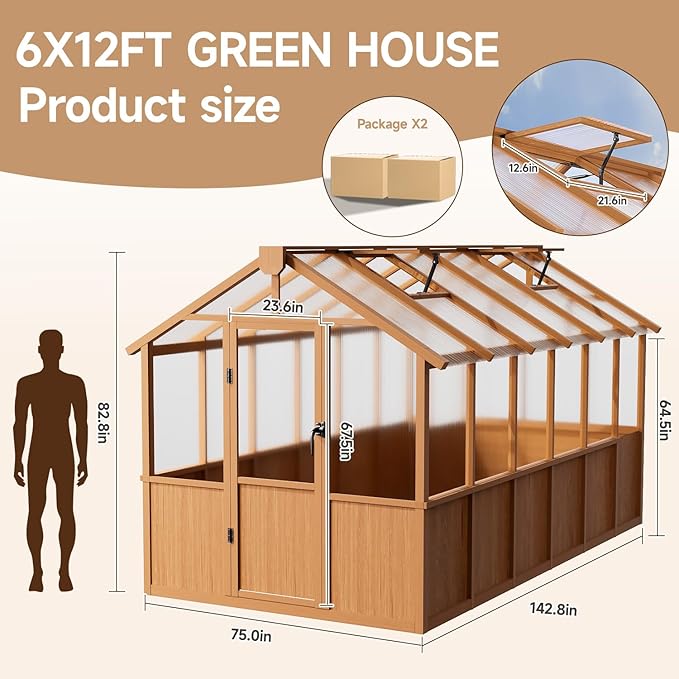 6x12 FT Wooden Greenhouse ,Natural Wood Garden House for Plants,Heavy Duty Green House with Polycarbonate Panel, Walk-in Large Garden Greenhouse for Yard, Patio, and Backyard
