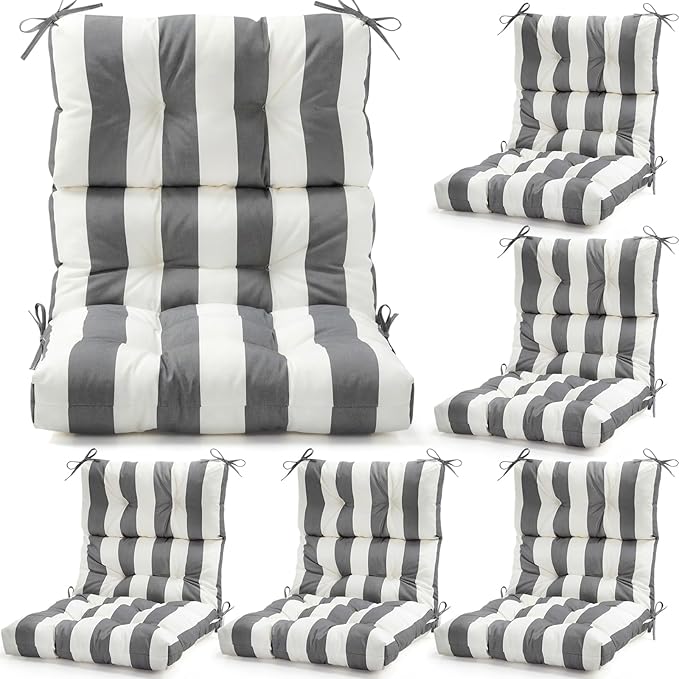 Hoteam 6 Pcs High Back Chair Cushions Set - 44'' x 21'' Indoor Outdoor Waterproof Soft Thicken Stripes Replaceable Cushion for Garden Summer Rocking Chair, Patio Furniture (Gray Stripes)