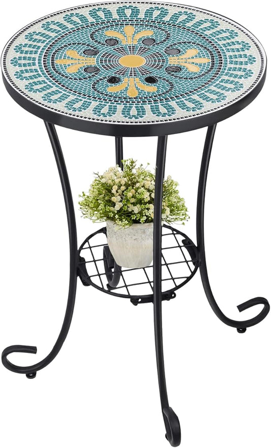 VCUTEKA Outdoor Side Table Mosaic Patio Table Accent Tables Mosaic Tile Top Metal Frame Small End Tables Porch Beach Patio Garden Balcony Green 14''