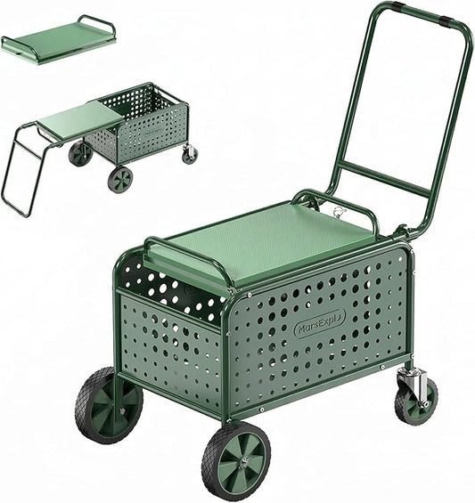 Rolling Garden Work Seat with Wheels, Upgraded Heavy Duty Cart for Seniors with Rotatable 360-Degree Wheels and Extended Handle, Garden Seat with Wheels for Lawn, Patio & Backyard Gardening, Green