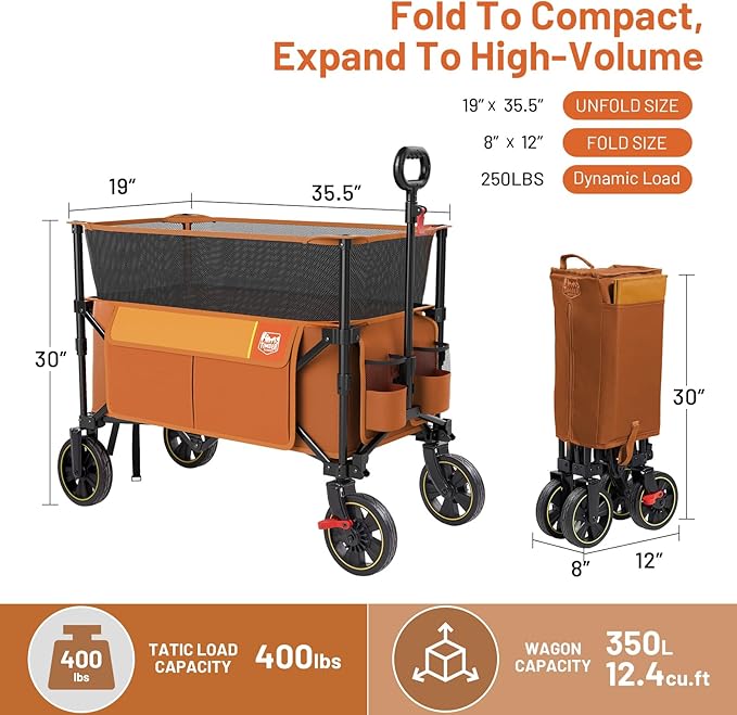Timber Ridge 350L Extra Large Collapsible Folding Wagon Carts with Brake, Heavy Duty Outdoor Camping Utility Wagons with Extended Height, Adjustable Handle, Cup Holders, Side Bag(Orange)