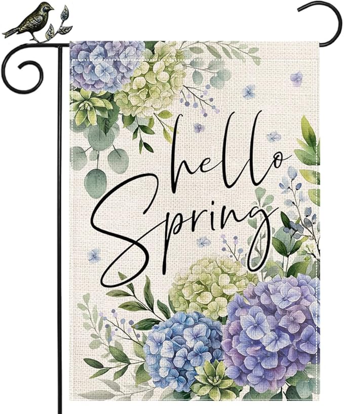 GEEORY Hello Spring Hydrangea Eucalyptus Garden Flag 12x18 Inch, Double Sided Spring Summer Decor, Farmhouse Rustic Outdoor Floral Flag Outside Yard Lawn Decoration