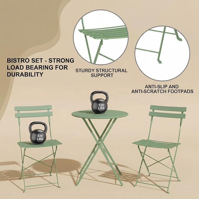 GarveeHome 3-Piece Foldable Bistro Set, Outdoor Patio Furniture with 2 Folding Chairs & 1 Table, Weather-Resistant Indoor/Outdoor Conversation Set for Patio, Green