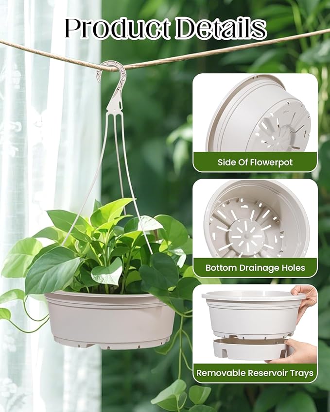VIDELLY 12 Inch Large Hanging Planters for Indoor Plants,2 Pack Plastic Hanging Basket Pots with Drainage Trays & Chain Holders for Outdoor Indoor Plants Garden Balcony Decoration (Beige White)