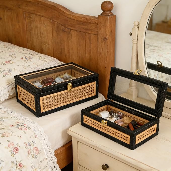 Black Rattan Decorative Wood Storage Boxes with Glass Lids Set of 2 | Ribbed Display Cases with Cane Weave & Solid Base – Nesting Coffee Table Organizer for Boho Chic Home Decor, Keepsakes