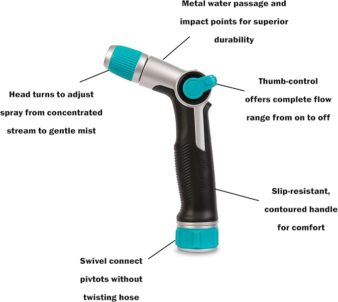 Gilmour Medium Duty Thumb Control Garden Hose Nozzle with Adjustable Spray Pattern, Water Hose Nozzle for Watering Garden or Lawn, Black/Aqua