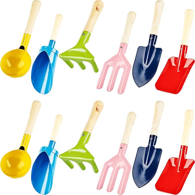 12 Pcs Beach Toys for Kids Metal Beach Sand Toys with Sturdy Wooden Handle Safe Beach Garden Tools Including Spoon, Fork, Rake, Flat and Pointed Shovel Digging Buckets Gifts for Kids