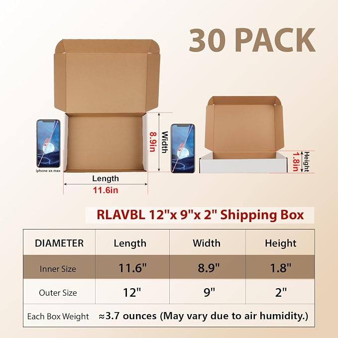 RLAVBL 30 Pack 12x9x2 Shipping Boxes, White Corrugated Cardboard Mailer Box