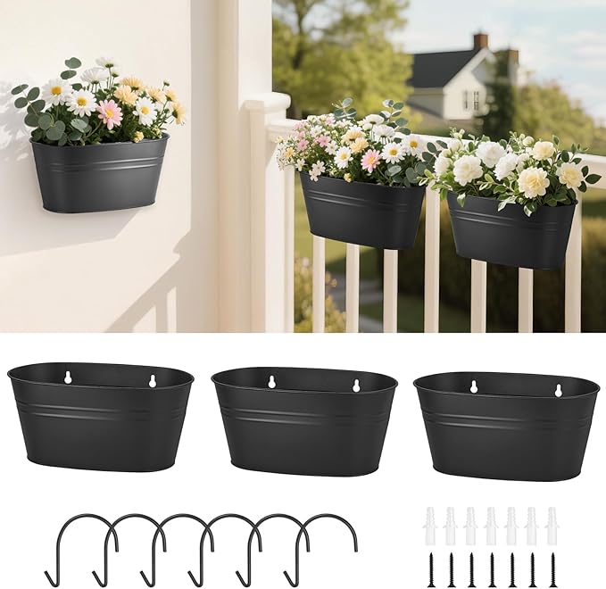 Dahey 3 Pcs Metal Hanging Flower Pots for Railing Fence 10.6 Inch Wall Planters for Indoor Plants Outdoor Countryside Window Flower Holder with Hooks Drainage Holes for Garden Yard Home Decor, Black