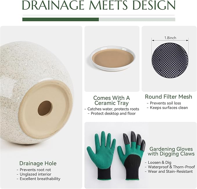 8.3 Inch Ceramic Planter with Saucer Leak-Proof Mesh &Drainage, Round Plant Pot with Gardening Gloves for Indoor Outdoor Plants