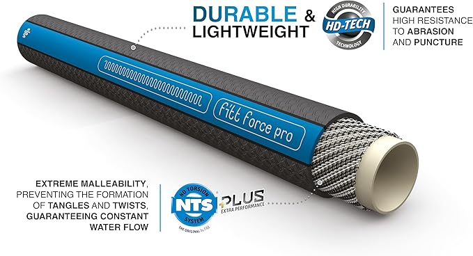 FITT Force Pro Water Hose, Lightweight Ultra Flexible Durable Kink-Free Heavy-Duty Commercial Grade Flat Garden Hose, Grey and Blue, 100-Feet x 5/8-Inch