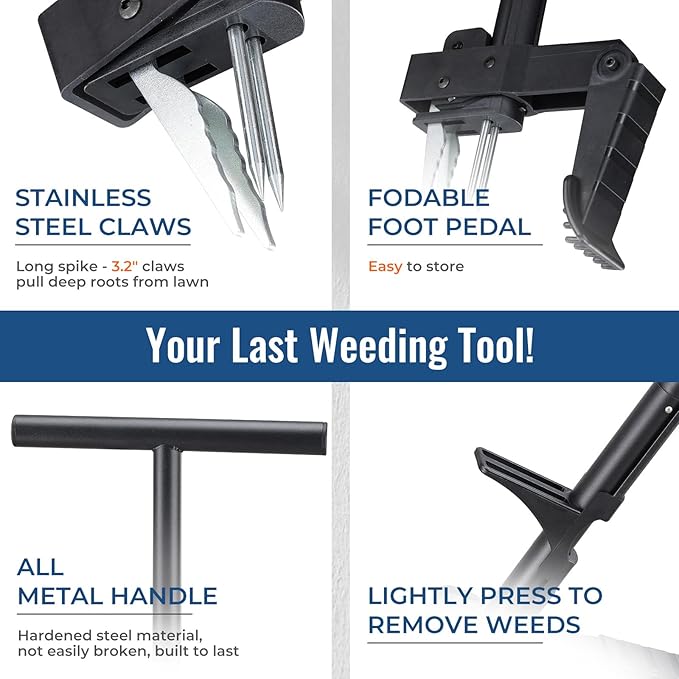 Stand Up Weed Puller with Quick-Release Ejector& Foot Pedal-Easily Remove Weeds Root Without Bending, Pulling or Kneeling! 41" Adjustable T-Handle, 4-Claw Steel Head Tool for Effortless Garden Weeding