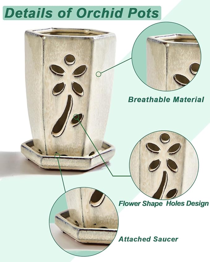 vensovo 4 Inch Ceramic Orchid Pot with Holes and Attached Saucer, Small Hexagon Orchid Planter for Repotting, Promotes Air Circulation and Drainage for Healthy Roots, Indoor Outdoor, Milk White