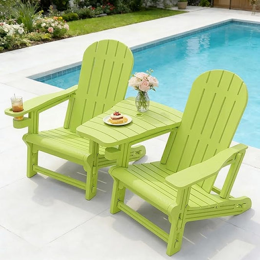 Vongrasig Adirondack Chairs Set of 2 with Removable Tabletop, Outdoor HDPE Plastic Fire Pit Chair Set with Wooden Textured, Cup Holder for Patio, Poolside, Deck, Garden, Green, 3 Pieces
