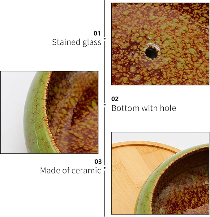 7.4 inch Ceramic Bonsai Pots with Trays Shallow Planters, Succulent Planters with Drainage Hole, Round Large Shallow Pots, Bonsai Pots Garden Decorative Cactus Stand Flower Container (Green)