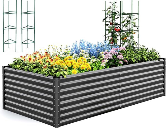 Quictent Galvanized Raised Garden Bed 8x4x2 Ft Tall Metal Planter Box for Vegetables Bottomless for Backyard, 2 Tomato Cages Included, 22.04" Deep, Dark Grey