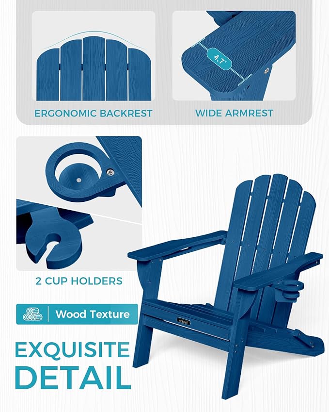 Adirondack Chairs Set of 2, Wood Texture Fire Pit Chairs, Plastic Adirondack Chairs with 2 Cup Holder, Outdoor Lawn Chair for Patio Garden, Navy Blue