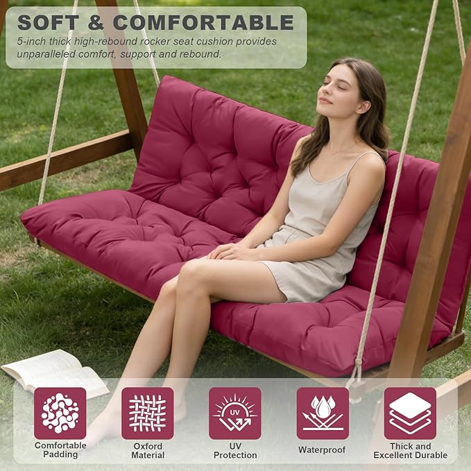 Porch Swing Cushions,Outdoor Cushions 3 Seater Replacement with Backrest, Waterproof Thickened Bench Cushion with Ties for Porch, Patio,Outdoor, Backyard and Garden (Wine Red 60 * 40 in)
