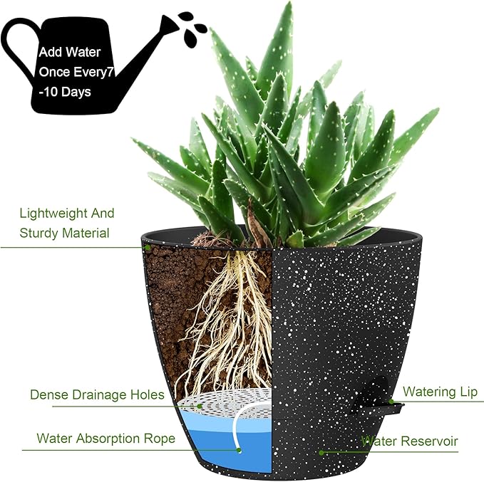 Self Watering Pots, 12 Inch Large Flower Pots with Multi-Mesh Drainage Holes and Saucer, Planters for Indoor and Outdoor Garden Plants (Speckled Black)