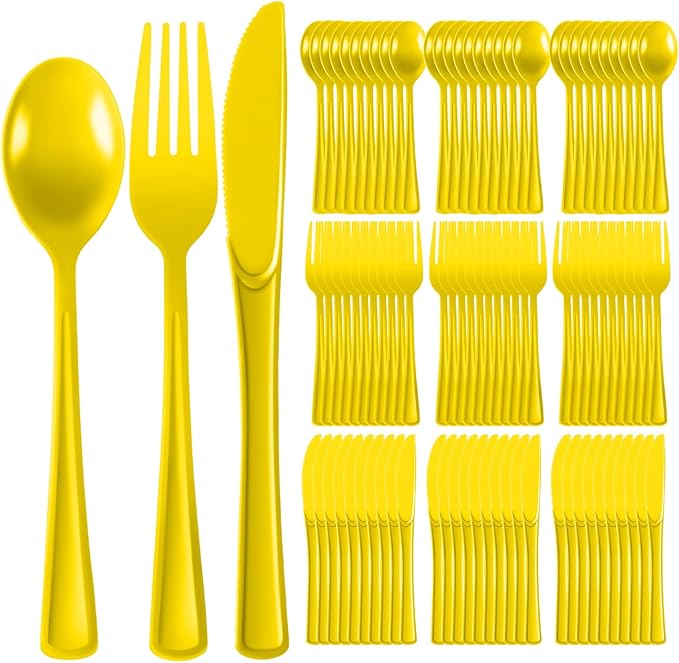 Plastic Silverware 300 PCS Disposable Silverware Heavy Duty Utensil Sets 100 Of Each Forks Knives & Spoons Disposable Cutlery Set For Easter,Birthday,Baby Shower,Garden Party,Wedding(300,Yellow)