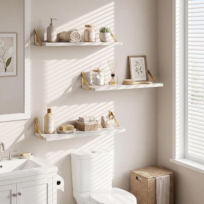Dreamland Wall Mounted Floating Shelves Set of 3, 24x8, White&Gold
