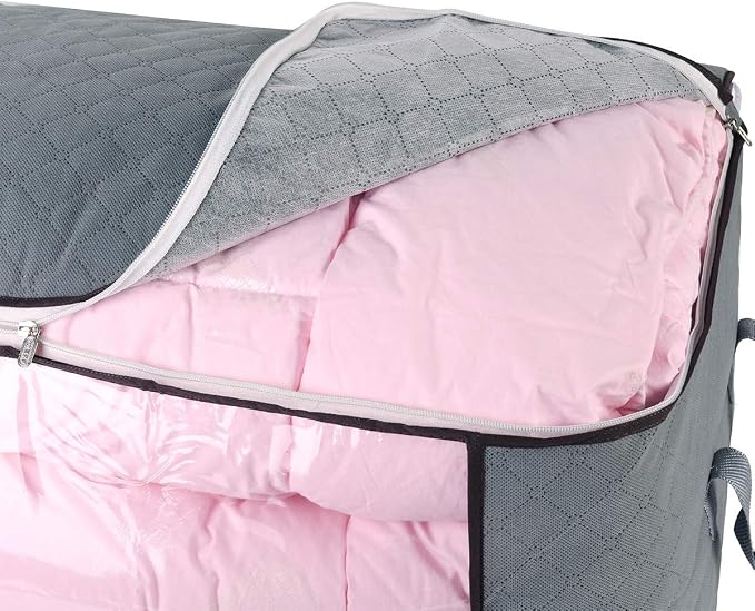 combocube Comforter Storage Bag, Zippered Bag with Large Clear Window and Carry Handles, Space Saver Organizers for Closet, Blanket, Pillow, Quilt, Bedding, Clothes (2Pcs Grey Large)