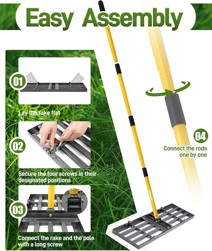 Joyhalo Lawn Leveling Rake, 36 Inch Yard Lawn Leveling for Soil with 78" Adjustable Steel Handle, Heavy Duty Effort Saving Landscape Lawn Leveler for Yard Garden Golf Course Soil Sand Dirt Grass