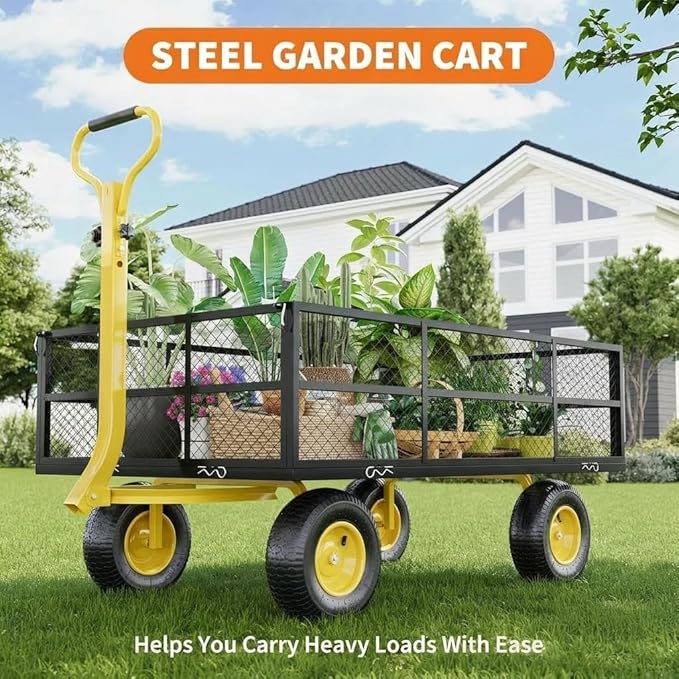 Heavy Duty Steel Garden Cart, 1200 LBS Load Capacity Garden Wagon with 10 inch Tire and 180° Rotating Handle Attach to ATV or Tractor, Black