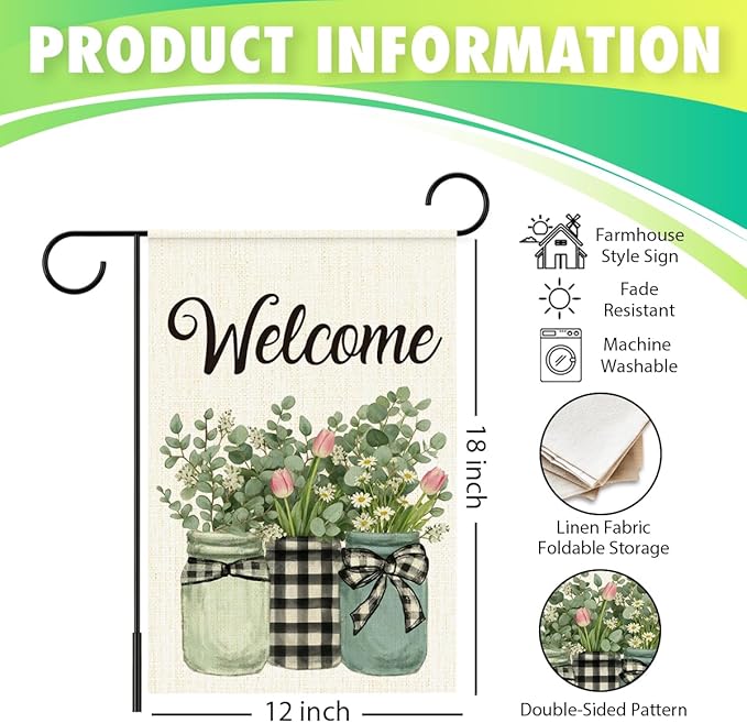 Welcome Flags for Outside,Spring Eucalyptus Buffalo Plaid Garden Flag for Yard Patio Lawn Decoration,12x18 Inch Double Sided