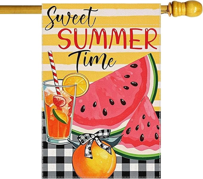 Sweet Summer Time Garden Flag Watermelon Buffalo Plaid 28 X 40 Inch Welcome Small Flags for Outside, Fruit Double Sided Burlap Juice Lemon Holiday Seasonal Banner Farmhouse Outdoor Yard Decoration