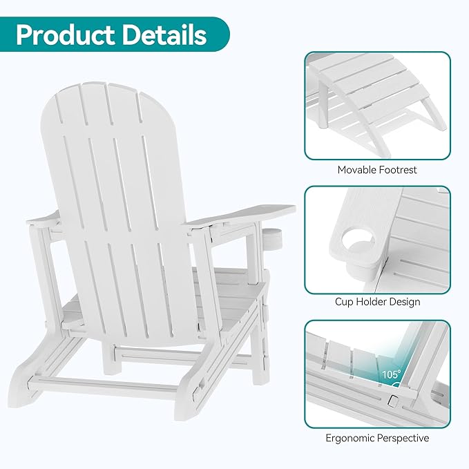 Vongrasig Adirondack Chairs Set of 2 with Removable Tabletop and Footrest, HDPE Plastic Outdoor Chair Set with Wooden Textured, Cup Holder for Patio, Poolside, Garden, White, 5 Pieces