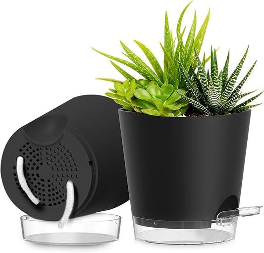 Plant Pots 8 Inch Self Watering Pots, 2 Pack Plastic Planters with Drainage Holes and Clear Saucers,Plastic Flower Pots for Indoor Out Door Plants (Black)