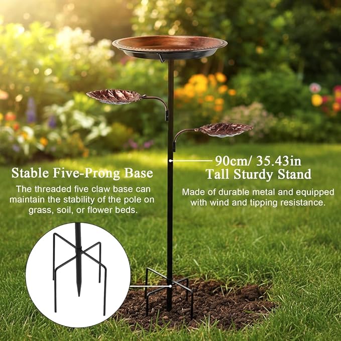 3 in 1 Metal Bird Bath for Outside, 35.43" Freestanding Birdbath with 5 Prong Stake Base, 12" Bowl, Vintage Bronze, Garden Patio Yard Decor