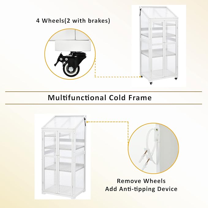 Mini 4-Tier Greenhouse with Locking Wheels, 62 Inch Height Portable Wooden Green House Cold Frame with Adjustable Shelves and Vent, Small Garden House for Outdoor Indoor, White