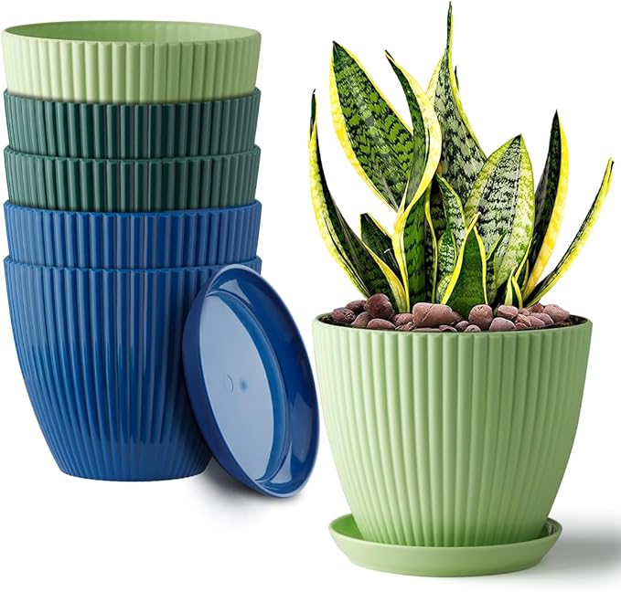 RooTrimmer 6 Inch Plant Pots, Plastic Flower Pots for Indoor Outdoor Plants, Planters with Drainage Holes and Tray Saucers, Cute Succulent Pots Durable and Light Weight (6 Pack)