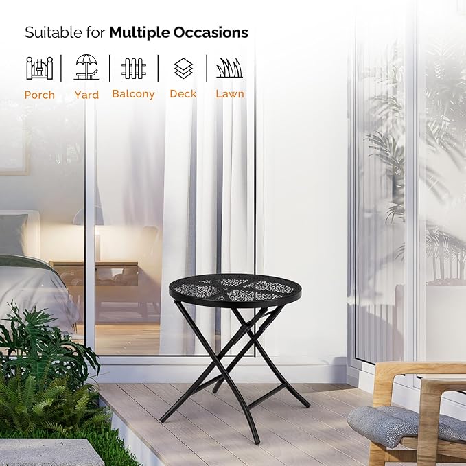VINGLI Outdoor Folding Side Table with Chic Hollow Pattern and Durable, Rust-Resistant Coated Iron Patio Bistro Table Suitable for Indoor & Outdoor Porch, Deck, Balcony and Pool,Black