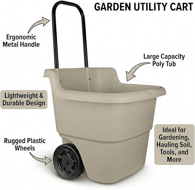 15-Gallon Rolling Garden Cart & Utility Wagon – Lightweight Resin Yard Waste Bin with Telescoping Handle & 7-Inch Wheels – Portable Outdoor Organizer for Lawn, Mulch, Firewood (Beige)
