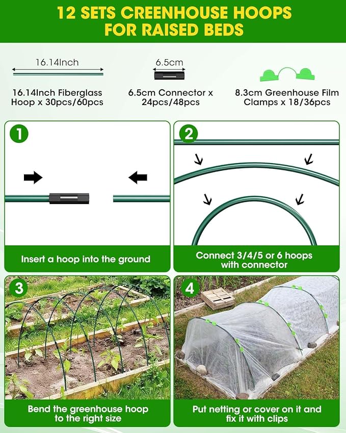 60Pcs Garden Hoops for Raised Beds, 12Sets Greenhouse Hoops Grow Tunnel, Rust-Free Fiberglass Support Hoops Frame for Netting Shade Cloth Cover, DIY Plant Support Garden Stakes