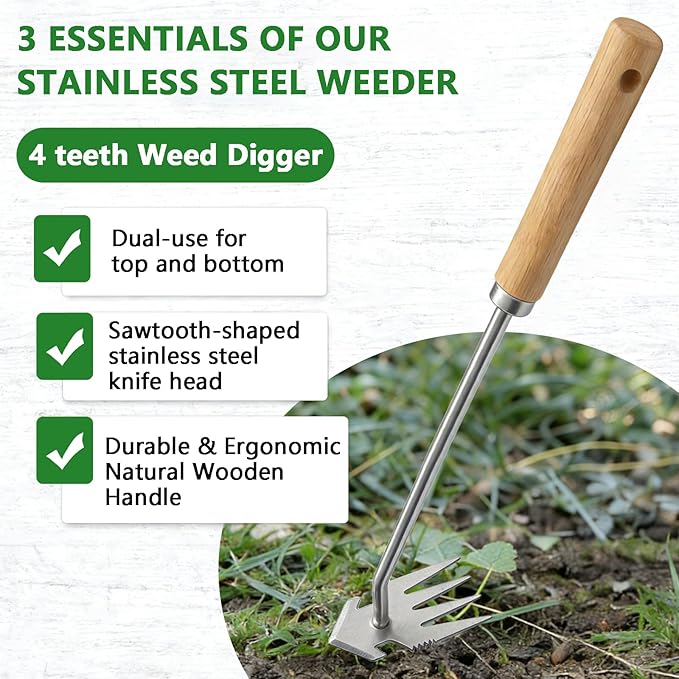 Weed Puller Tool, 2 Pack Garden Tools with 4 Teeth Weed Puller and Uprooting Weeding Tool for Garden, Patio, Lawn, Flower Beds and Sidewalk