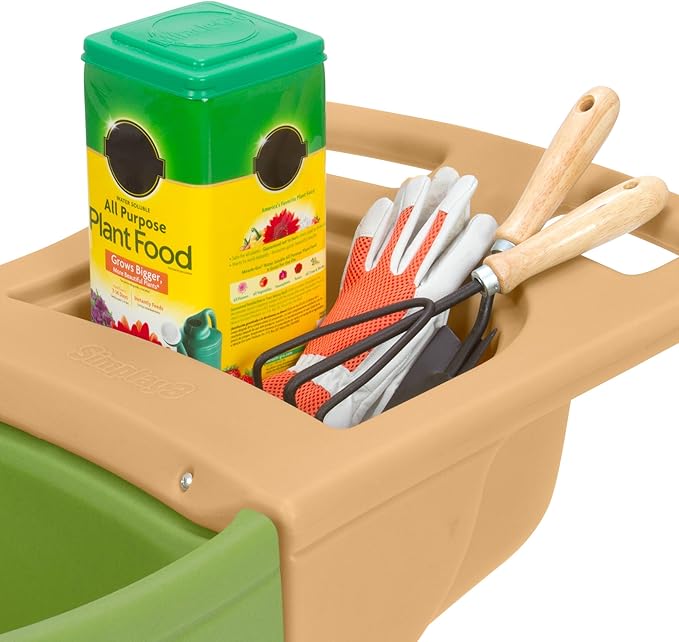 Simplay3 Easy Haul Wheelbarrow with Garden Tool Storage Tray, Durable Heavy-Duty Plastic Wheelbarrow with Large Easy Turn Wheels - Green, Made in USA