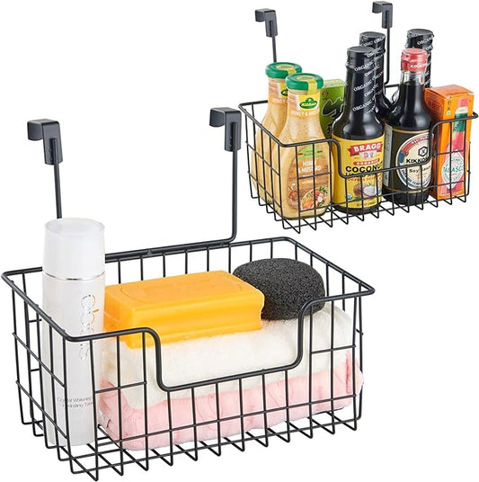 JUNCHU CHERRY Wire Hanging Storage Basket 2 Packs, Wall Mounted Kitchen Bathroom Storage Basket, Home Multi-Functional, no Punching, Bearing Strong, Suitable for Home, Office,Black