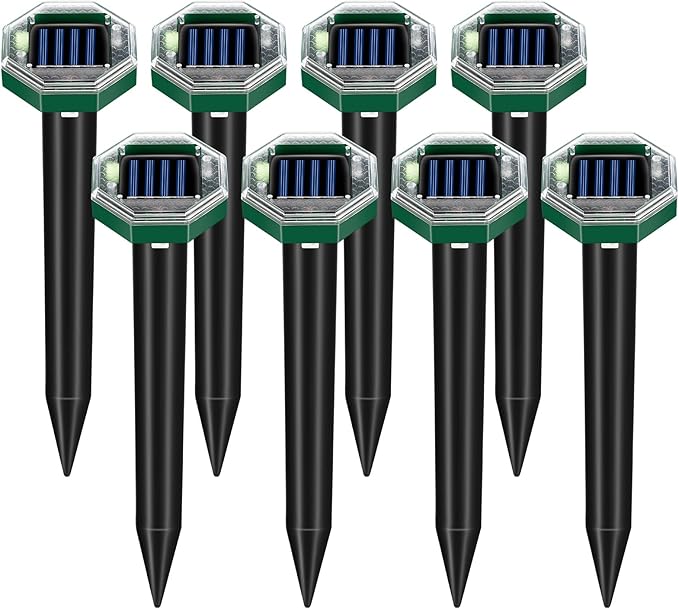 Mole Repellent Solar Powered Gopher Snake Repellent for Yard Lawn Garden, IP65 Waterproof Ultrasonic Deterrent Stakes Get Rid for Vole, Groundhog, Squirrel, Rat, Mice, Rodent, Skunk Repellent, 8 Pack