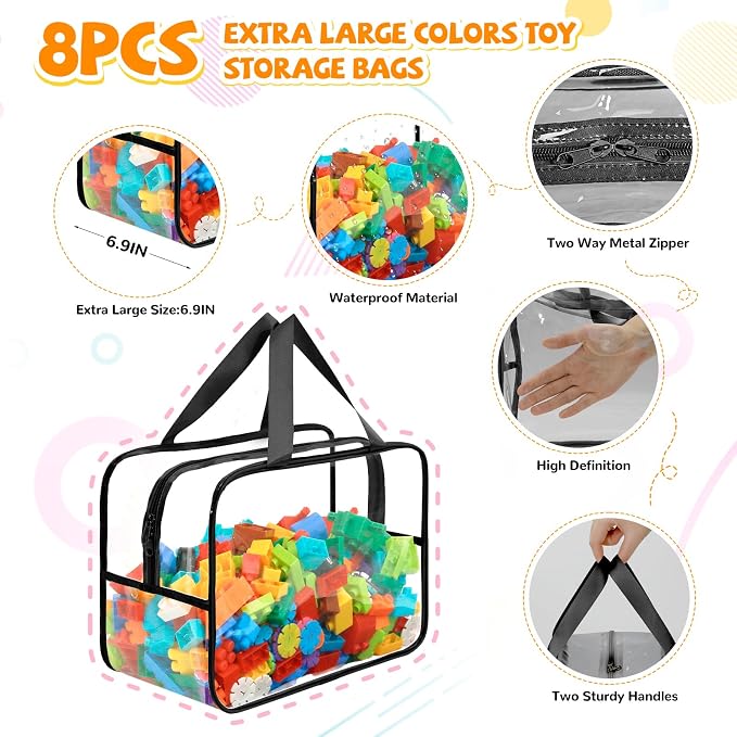 8 Packs Black Widen X-Large Toy Storage Bags 12.6×9.25×6.9In with Labels, Reusable Clear PVC Board Game Storage, Travel Waterproof Organizer Bags with Zipper for Building Blocks, Puzzle